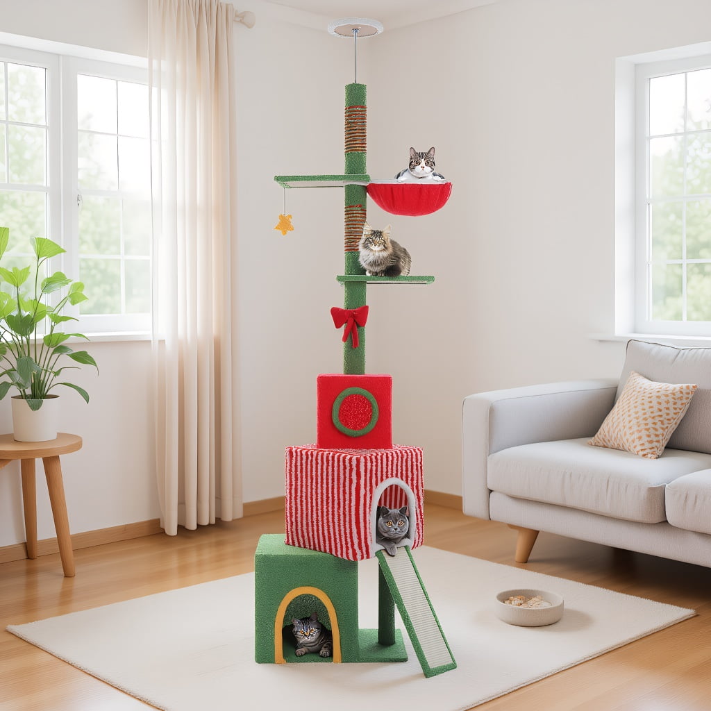 Pefilos Christmas Cat Tree for Adult Cats, Adjustable Height 83-108'' Floor to Ceiling Cat Tower with 3 Condos, Hammock, Thick Scratching Posts, Red