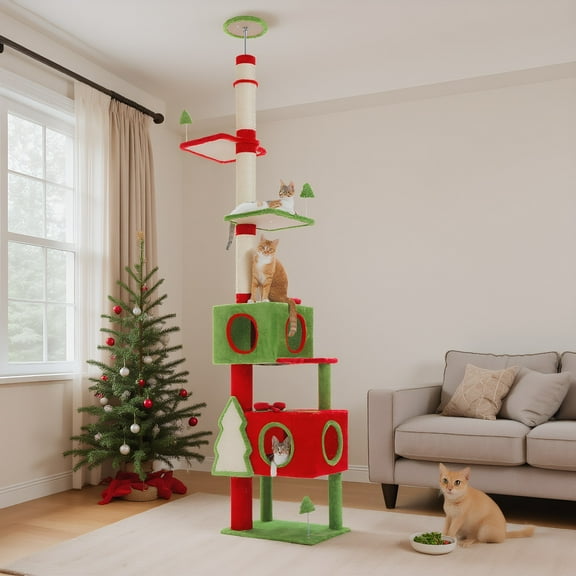 Pefilos Christmas Tall Cat Tree for Large Indoor Cats, 90''-107'' Floor to Ceiling Cat Tower with 2 Condos, Sisal-Covered Scratching Post & Pad and Bow Toy, Red