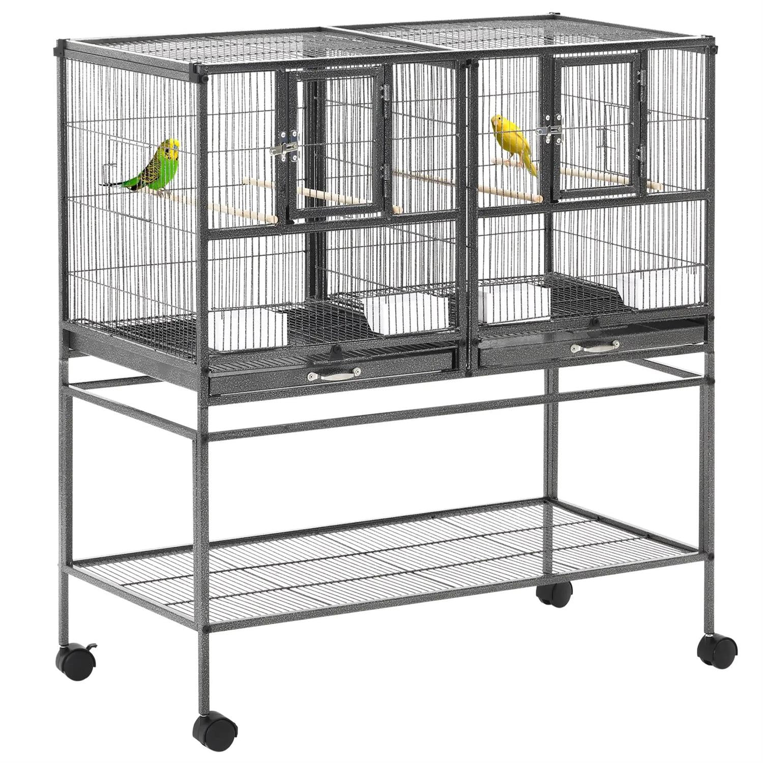 Pefilos Divided Breeder Bird Aviary, 40" Birdcage with Rolling Stand , Removable Bottom Tray and Wood Perch, Ideal for Finches, Parakeet, Black