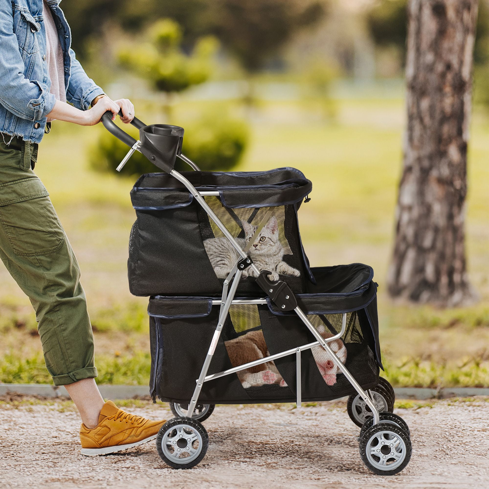 Pefilos Double Pet Stroller for 2 Cats Dogs, 4 Wheels Foldable Cat Pet Carriers Bag Jogger, Dog Stroller with Cup Holders, Mesh Window and Soft Pad, Black Pefilos Double Pet Stroller for 2 Cats Dogs, 4 Wheels Foldable Cat Pet Carriers Bag Jogger, Dog Stroller with Cup Holders, Mesh Window and Soft Pad, Black