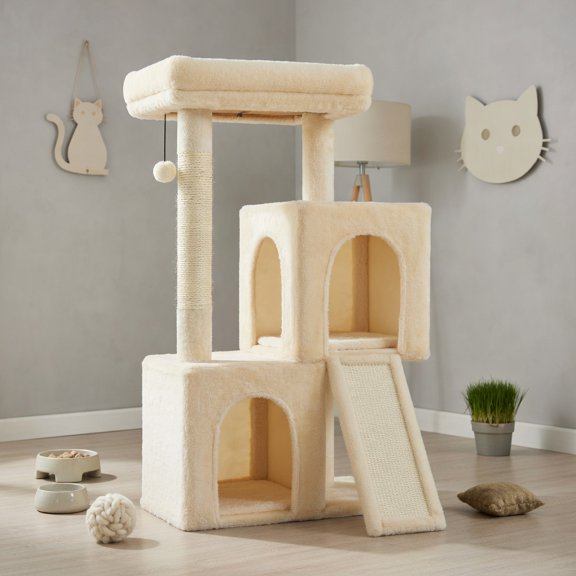 Pefilos Extra-Stable 35" Large Cat Tree with Dual Enclosed Condos, Enlarged Plush Perch & Dual Scratching Surfaces, Beige