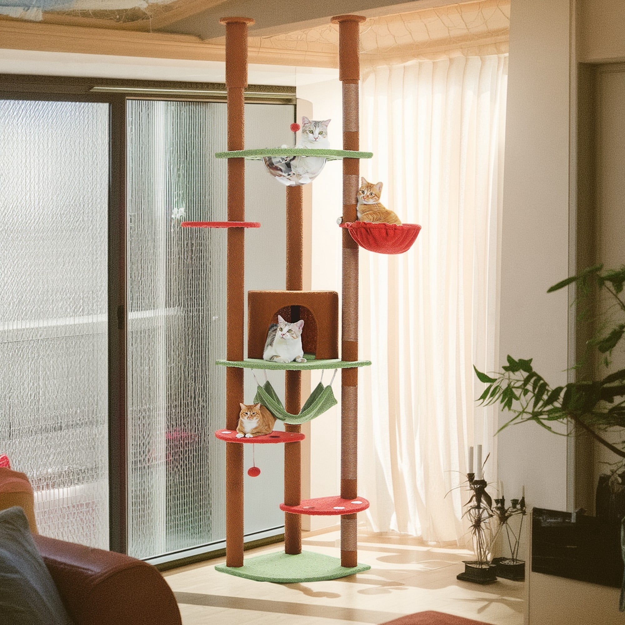 Pefilos Floor to Ceiling Cat Tree for Indoor 92.9"-101.6" Height Adjustable Cat Tower Tall Kitty Climbing Play House with Scratching Posts, Cozy Cat Condo, Perches and Large Hammock, Brown