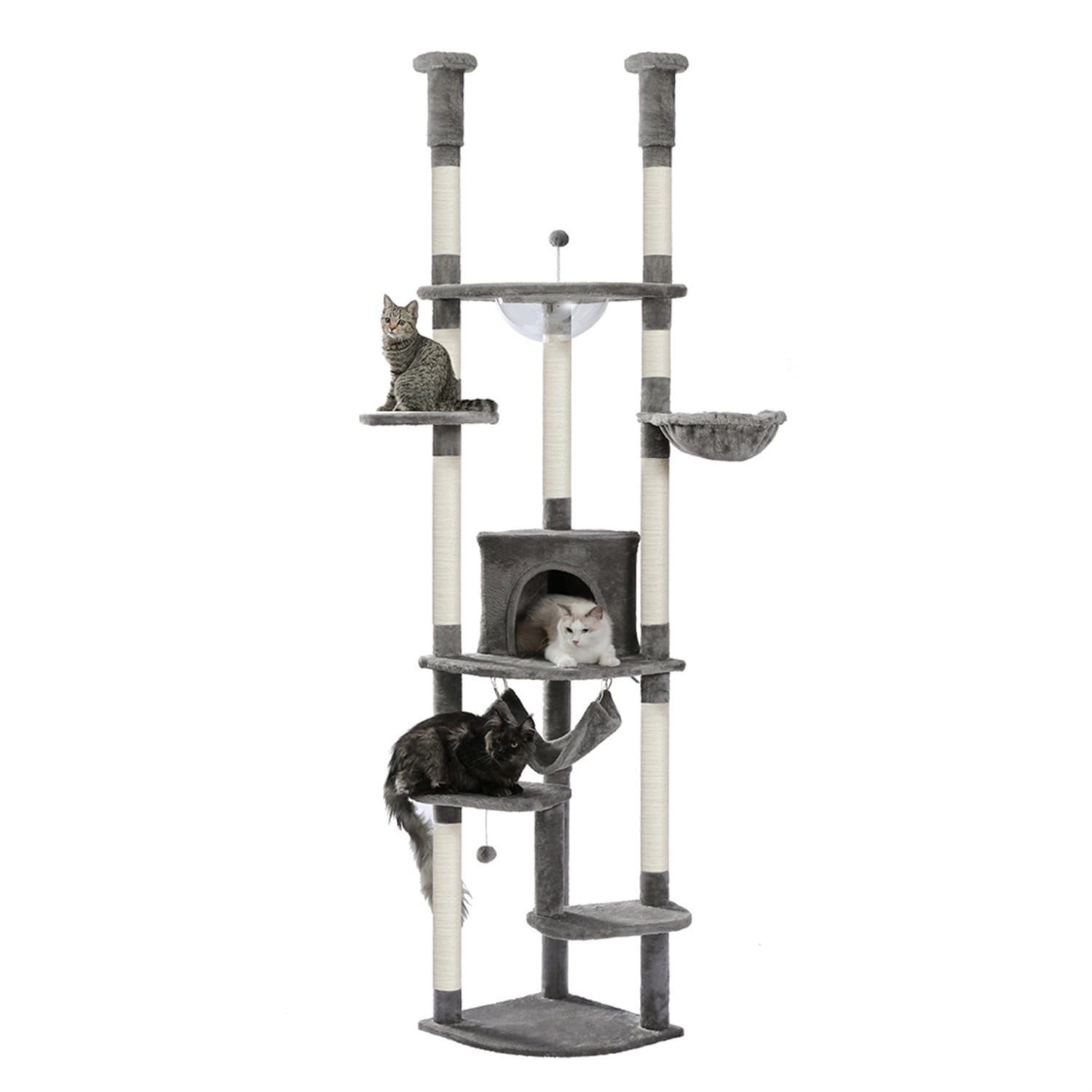 Pefilos Floor to Ceiling Cat Tree for Indoor 92.9"-101.6" Height Adjustable Cat Tower Tall Kitty Climbing Play House with Scratching Posts, Cozy Cat Condo, Perches and Large Hammock, Gray