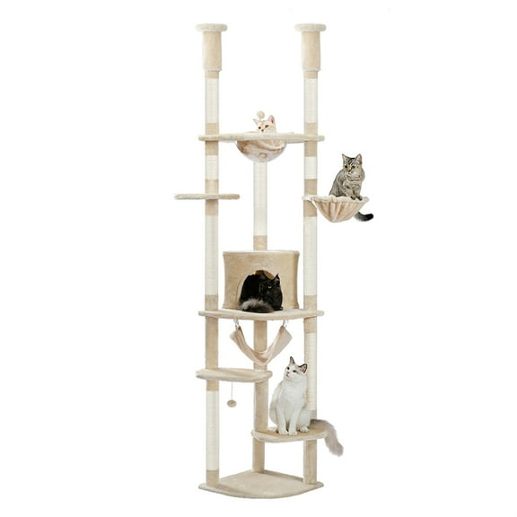 Pefilos Floor to Ceiling Cat Tree for Indoor 92.9"-101.6" Height Adjustable Cat Tower Tall Kitty Climbing Play House with Scratching Posts, Cozy Cat Condo, Perches and Large Hammock, Beige