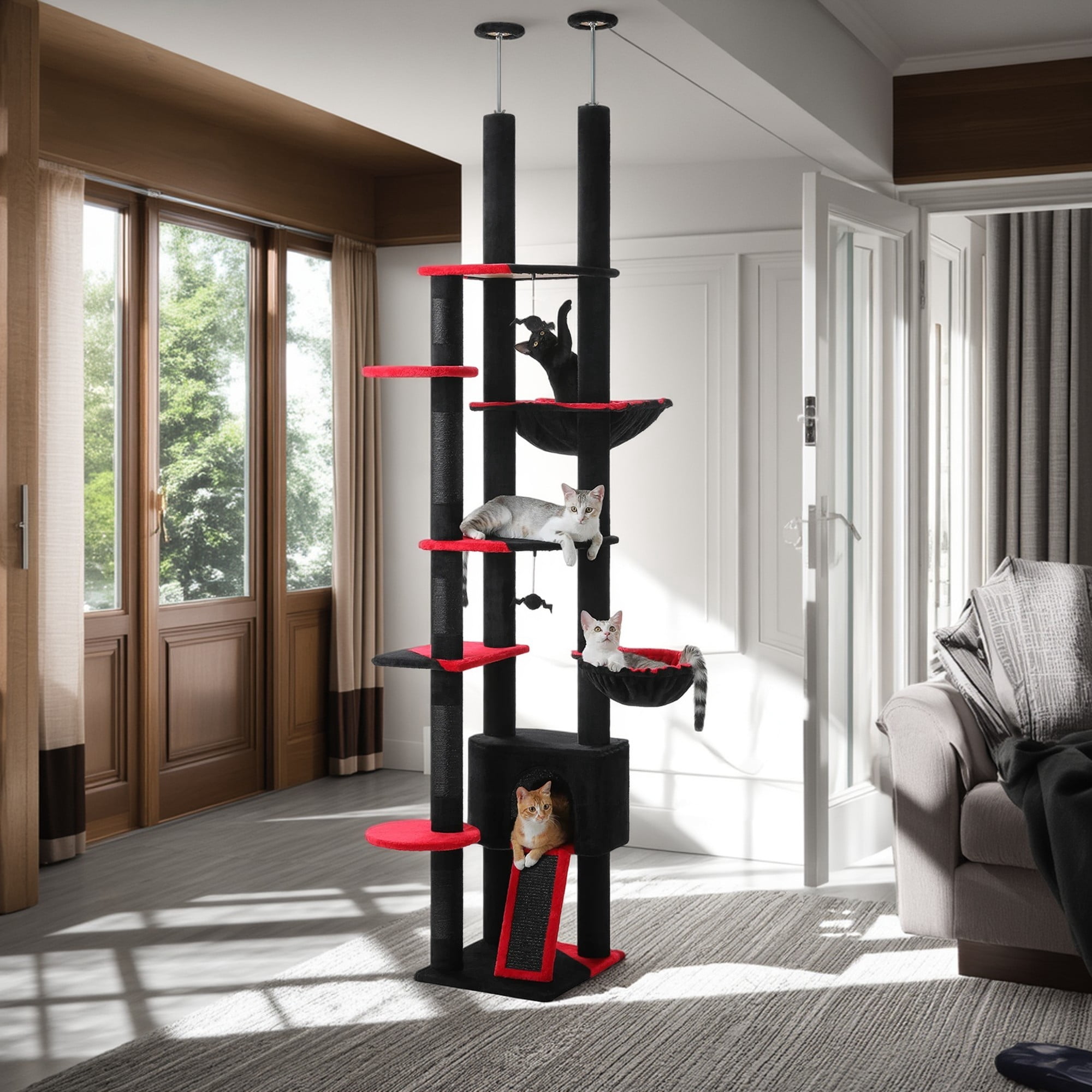 Pefilos Floor to Ceiling Cat Tree Tower Ajustable Height (90.5''~100.4'') 6 Tiers Cactus Cat Tree House with Cat Condo Hammock and Sisal Covered Post for Indoor Cats, Black