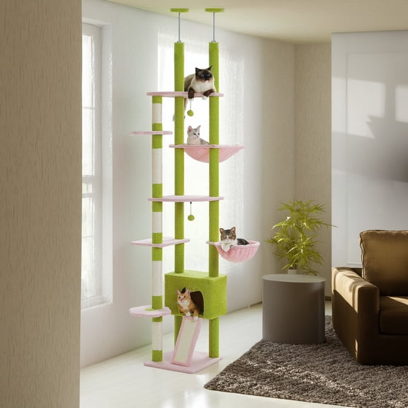 Pefilos Floor to Ceiling Cat Tree Tower Ajustable Height (90.5''~100.4'') 6 Tiers Cactus Cat Tree House with Cat Condo Hammock and Sisal Covered Post for Indoor Cats, Light Green