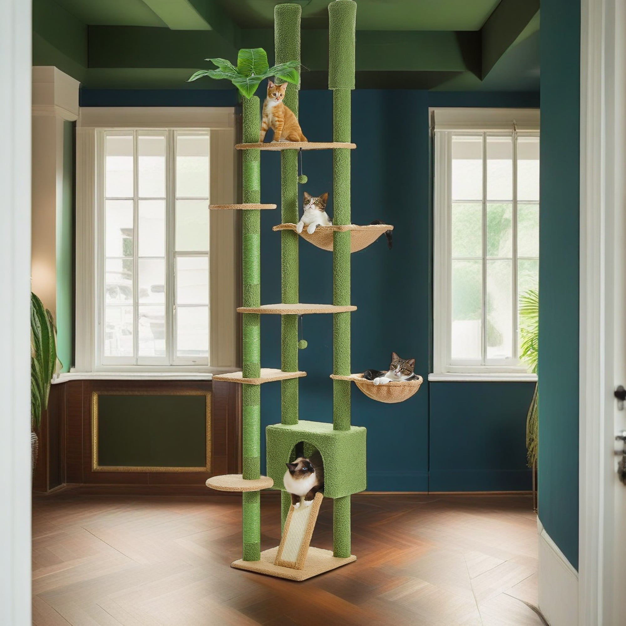 Pefilos Floor to Ceiling Cat Tree Tower Ajustable Height (90.5''~100.4'') 6 Tiers Cactus Cat Tree House with Cat Condo Hammock and Sisal Covered Post for Indoor Cats, Green Pefilos Floor to Ceiling Cat Tree Tower Ajustable Height (90.5''~100.4'') 6 Tiers Cactus Cat Tree House with Cat Condo Hammock and Sisal Covered Post for Indoor Cats, Green