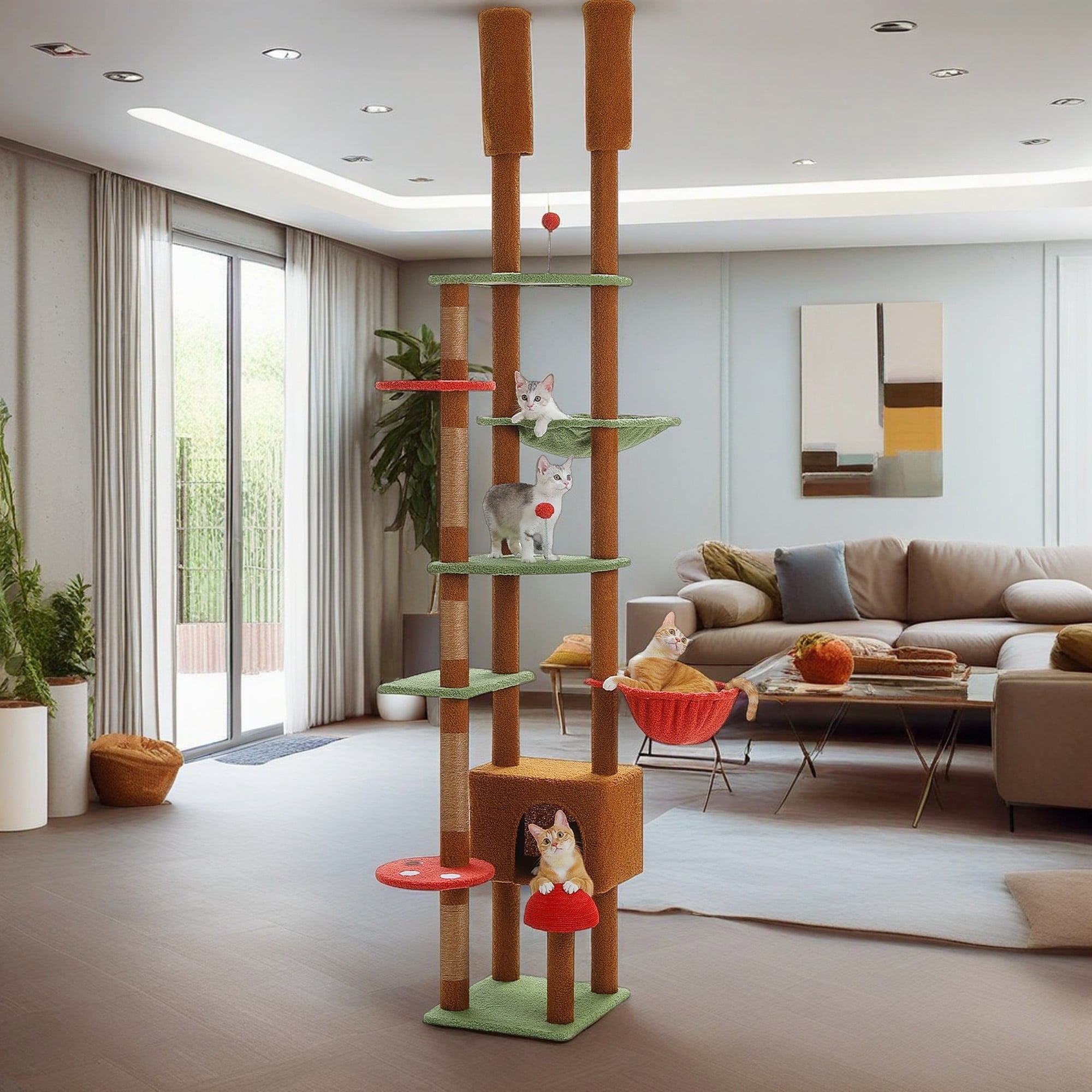 Pefilos Floor to Ceiling Cat Tree Tower Ajustable Height (90.5"-100.4") 6 Tiers Cat Tree House with Cat Condo Hammock and Sisal Covered Post for Indoor Cats, Brown