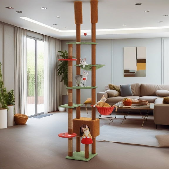 Pefilos Floor to Ceiling Cat Tree Tower Ajustable Height (90.5"-100.4") 6 Tiers Cat Tree House with Cat Condo Hammock and Sisal Covered Post for Indoor Cats, Brown