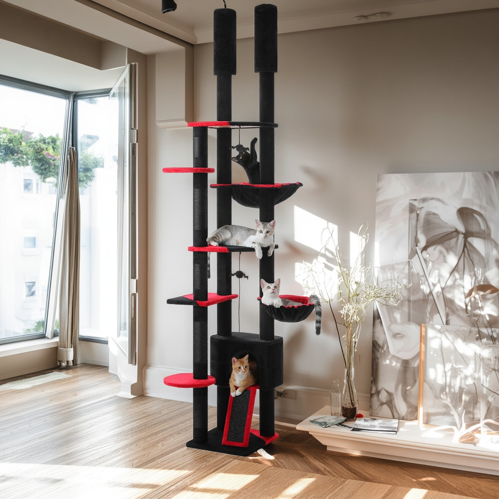 Pefilos Floor to Ceiling Tall Cat Tree Tower Adjustable (90.5"-100.4") with Cat Condo, Cat Hammock and Scratching Post, Cat Climbing Tree for Indoor Large Cats, Black