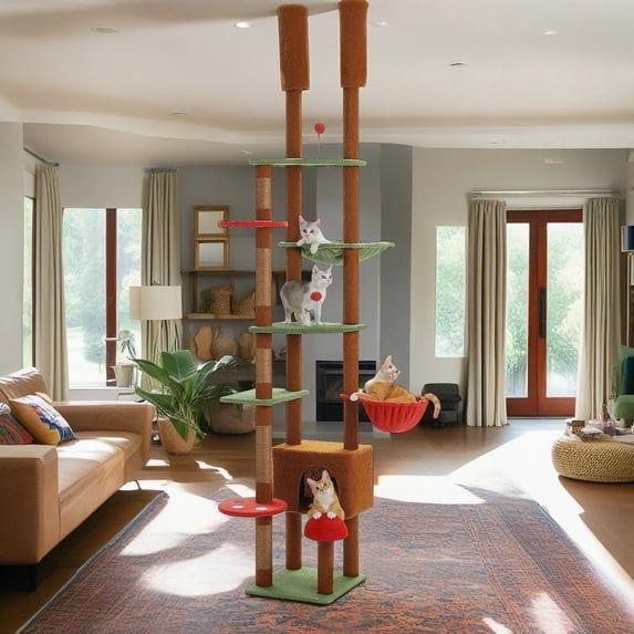 Pefilos Floor to Ceiling Tall Cat Tree Tower Adjustable (90.5"-100.4") with Cat Condo, Cat Hammock and Scratching Post, Cat Climbing Tree for Indoor Large Cats, Brown