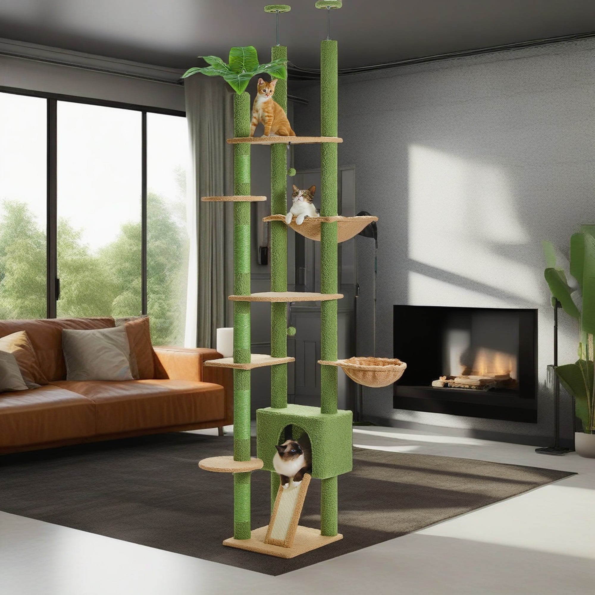 Pefilos Floor to Ceiling Tall Cat Tree Tower Adjustable (90.5''~100.4'') with Cat Condo, Cat Hammock and Scratching Post, Cat Climbing Tree for Indoor Large Cats, Green