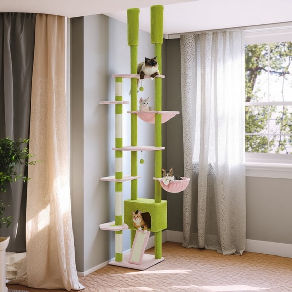 Pefilos Floor to Ceiling Tall Cat Tree Tower Adjustable (90.5"-100.4") with Cat Condo, Cat Hammock and Scratching Post, Cat Climbing Tree for Indoor Large Cats, Light Green