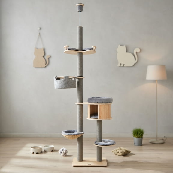 Pefilos Floor to Ceiling Cat Tree Ajustable Height 100"-110", 6 Tiers Tower with Cat Condo Hammock and Sisal Covered Post for Indoor Cats, Gray