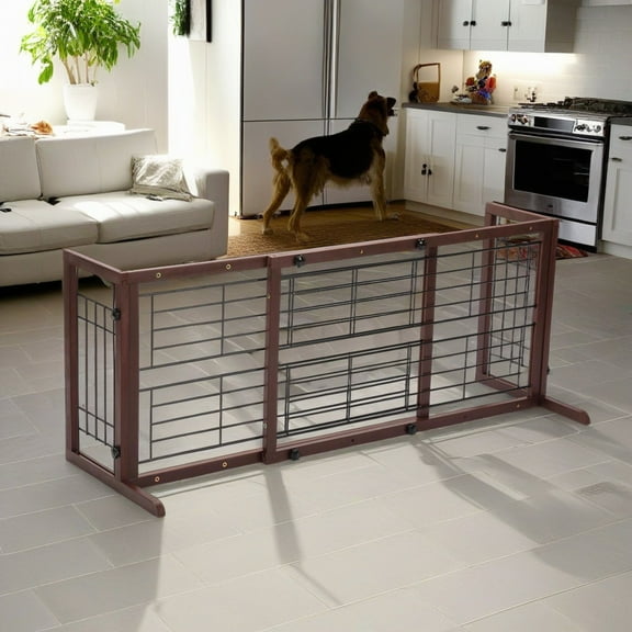 Pefilos Freestanding Dog Gate 38"-71" Adjustable, Wood Pet Gate for Indoor Dogs Fence for Doorways, Stairs, Brown