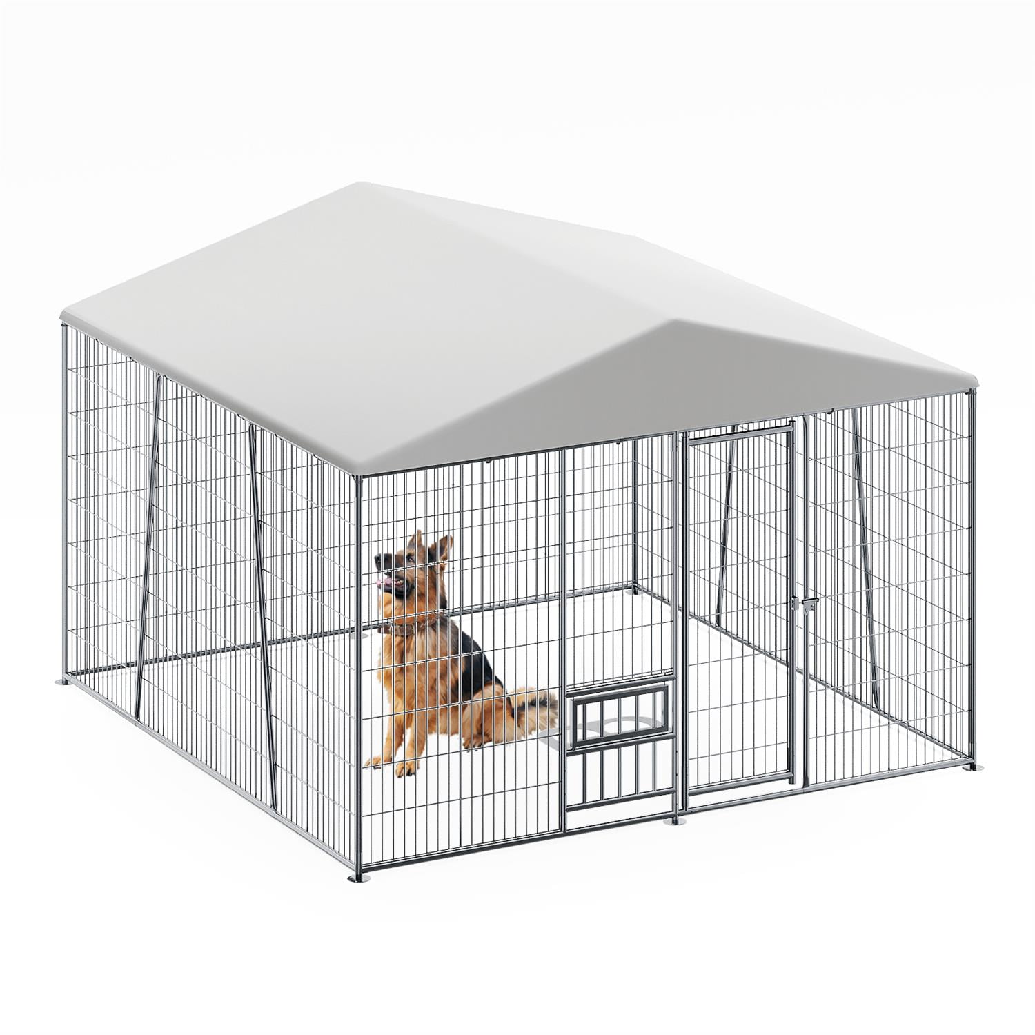 Pefilos Heavy-Duty 10x10 FT Outdoor Dog Kennel with Feeding Bowl, Waterproof Roof & Secure Lock, Steel Material, Silver - Perfect for Large Pets