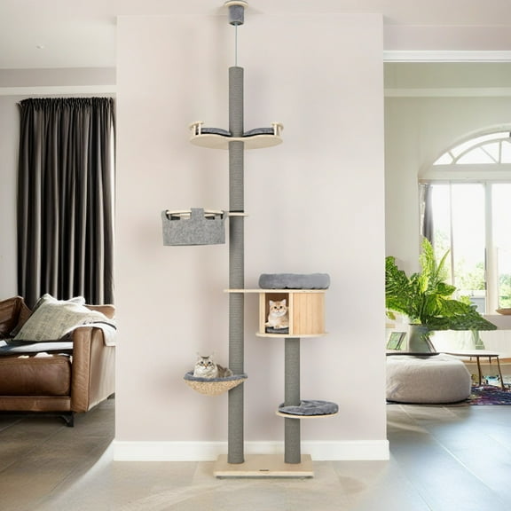 Pefilos Height (100"-110") Adjustable Floor to Ceiling Cat Tree, 6 Tier Cat Tower with Scratching Post, Sturdy Cat Activity Tree Indoor Cat Condo, Gray