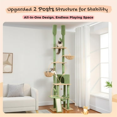 Pefilos Large Cat Tree Tower for Indoor Cats, Stable Adjustable 85"-112" Tall Cat Climbing Tree with Perches Multi-Level Cat Condo Furniture, Green
