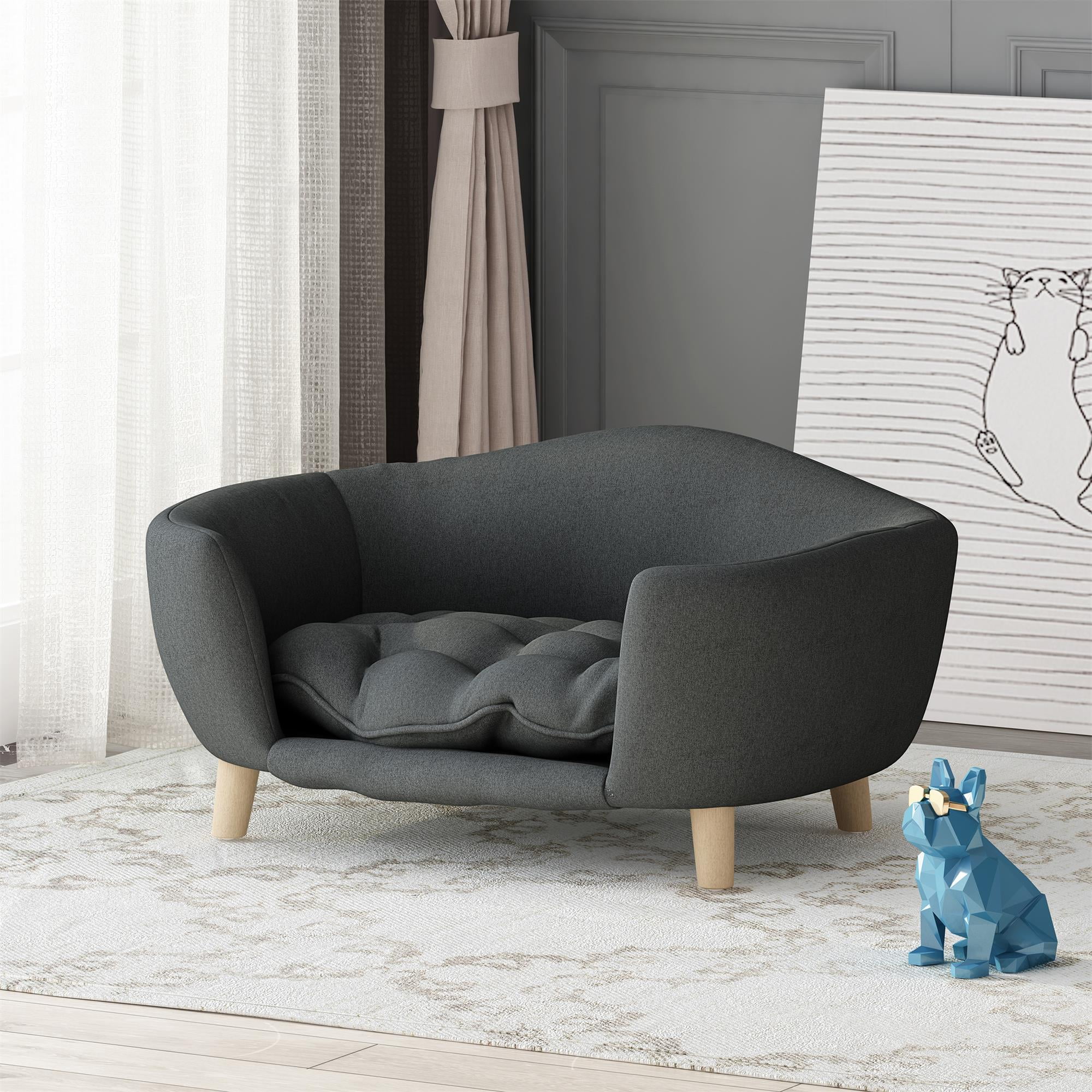 Pefilos Large Dog Couch Furniture, 30" Wide Pet Sofa for Medium Dogs with Removable Mattress, Luxury Raised Pet Couch Lounging Dog Bed with Anti-Slip Bottom, Gray