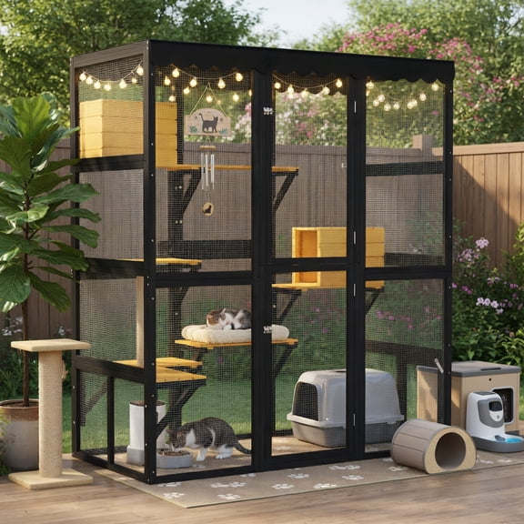 Pefilos Large Walk-In Outdoor Cat Catio Enclosure with Weatherproof Roof, 4-Door Window Connection, 2 Condos & 5 Elevated Platforms for Indoor/Outdoor Cats, Black