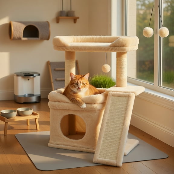 Pefilos Modern Cat Tree for Small to Medium Cats, Cat Tower with Wide Cushioned Perch, Cozy Condo & Dual Sisal Scratching Posts, Indoor Cat Furniture for 15 lb Cats, Beige