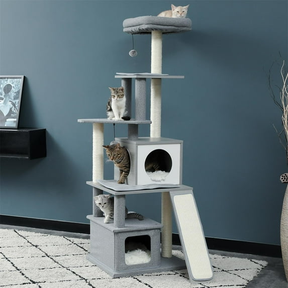 Pefilos Multi Level 61 inch Cat Tree Tower for Indoor Wood Cat Kitten Furniture Cat Condo for Adult Cats Activity Center Play House with Scratching Sisal Posts Pad,Ladder, Gray
