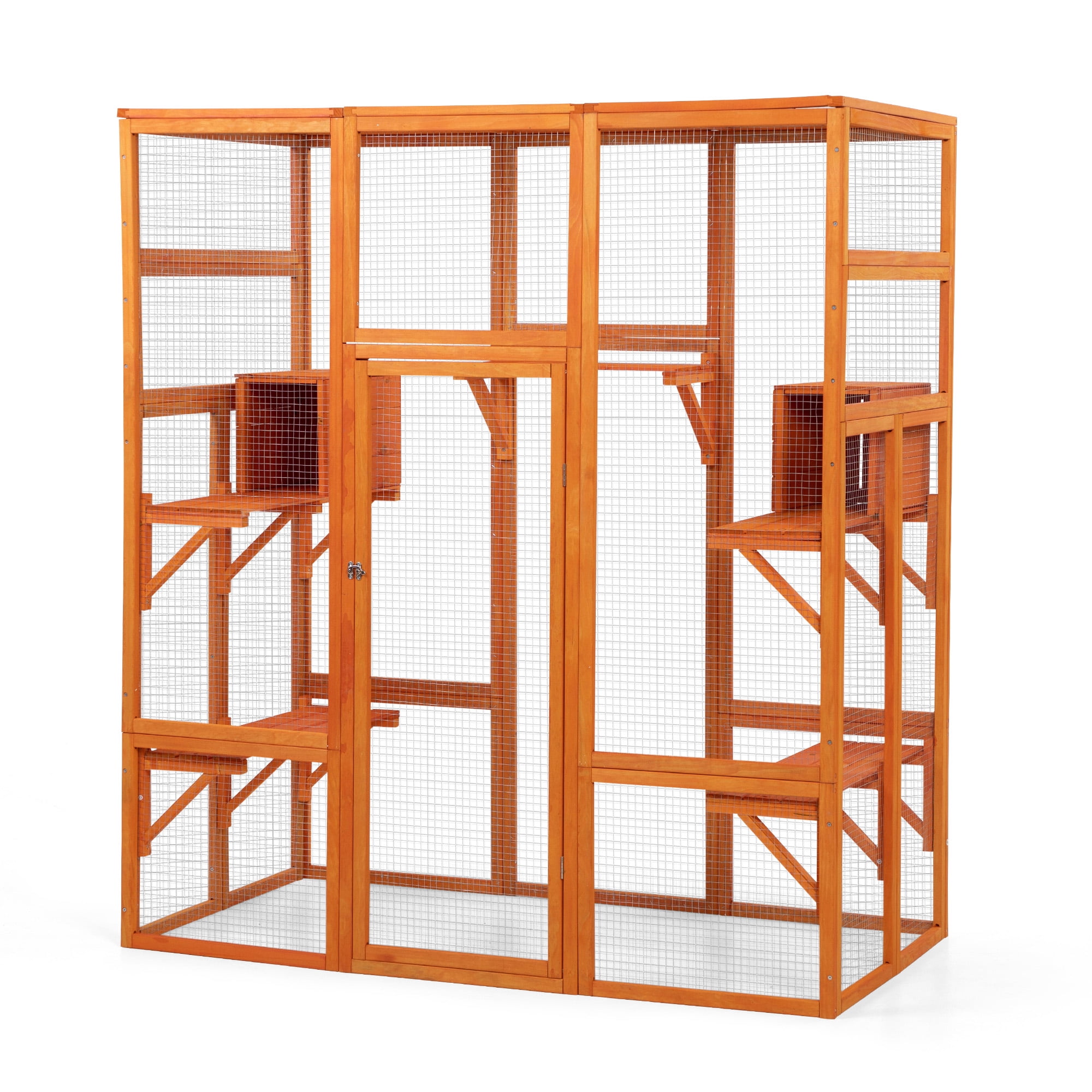 Pefilos Outdoor Cat House Cat Shelter Wooden Animal Cage w/ Run, Glazed Pine