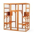 thumbnail image 1 of Pefilos Outdoor Cat House Cat Shelter Wooden Animal Cage w/ Run, Glazed Pine, 1 of 8