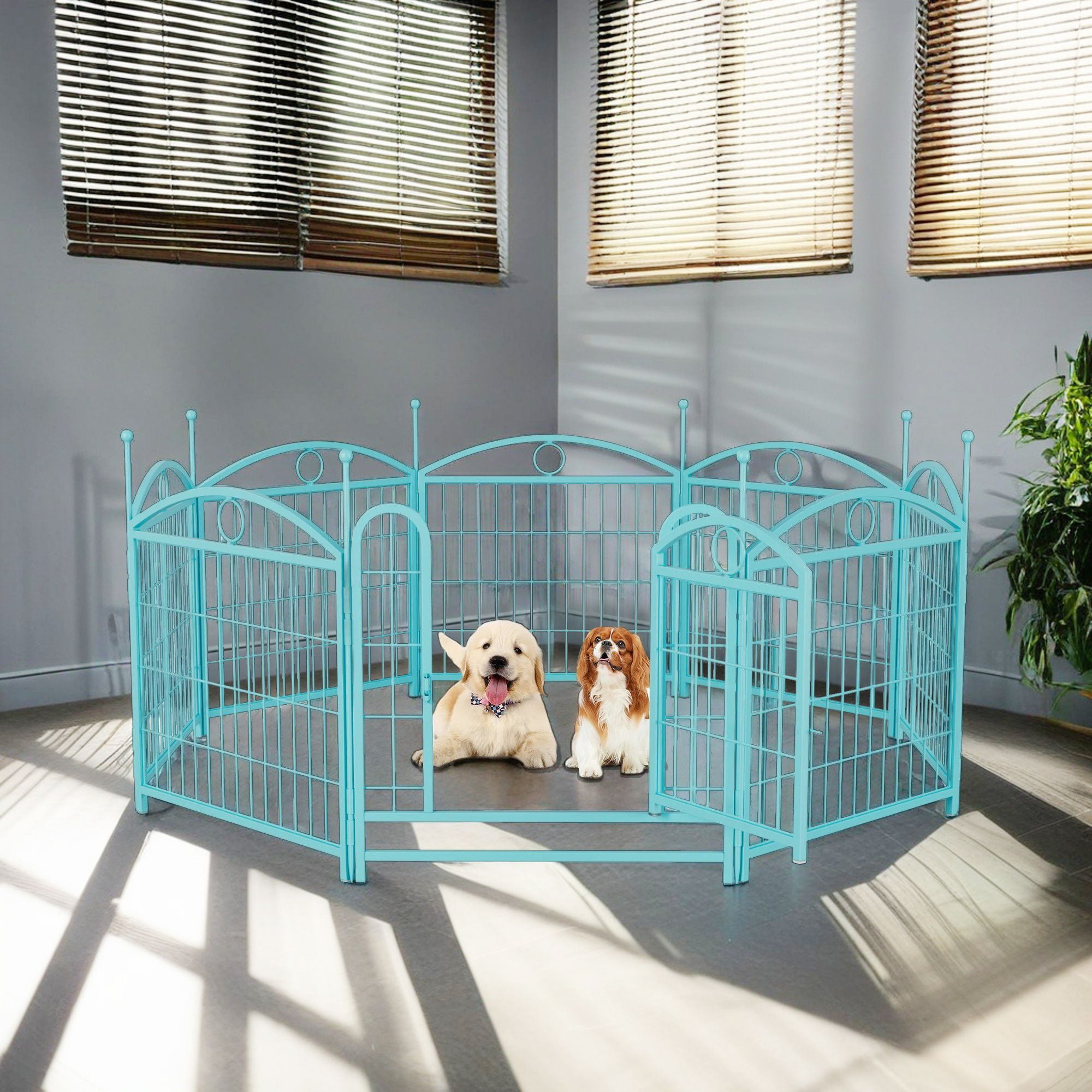 Pefilos Outdoor Dog Playpen with Doors, 24" 8 Panels Indoor Dog Fence Metal Dog Pen Pet Puppy Exercise Pen for RV Camping Garden Yard, Blue
