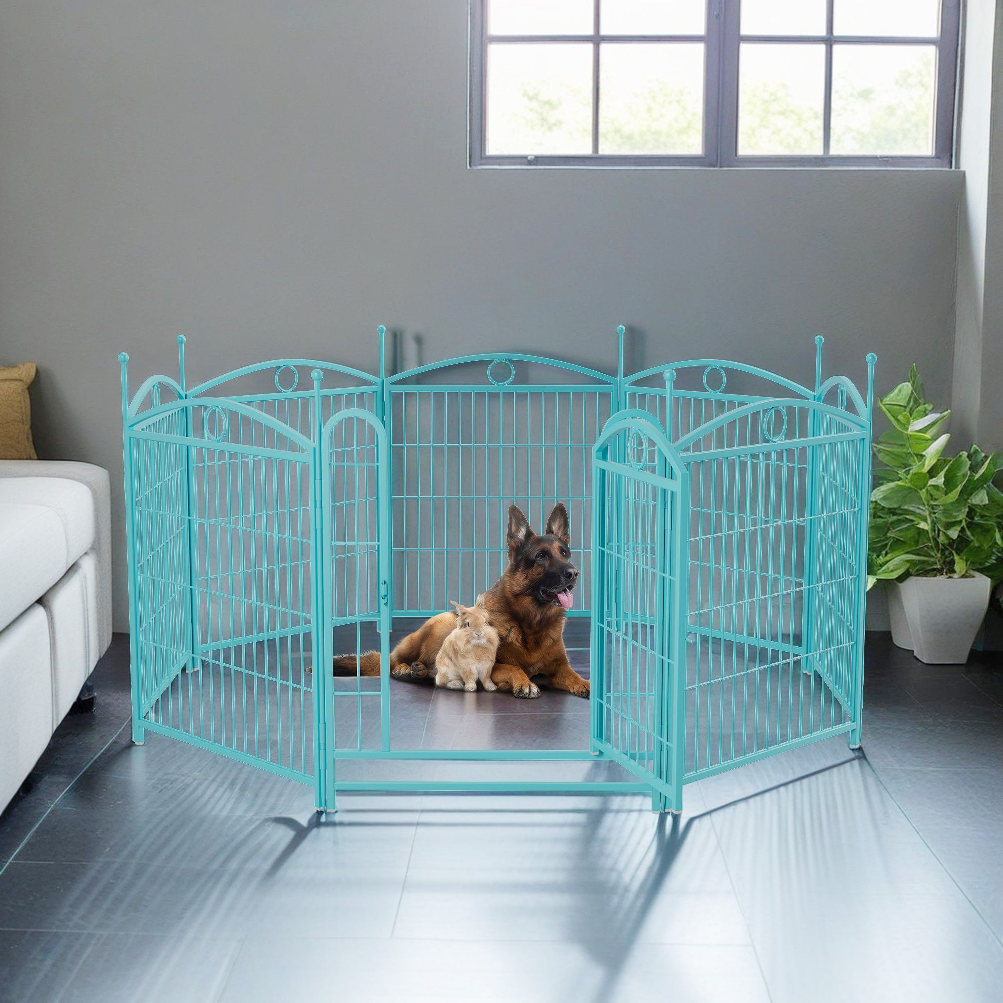 Pefilos Outdoor Dog Playpen with Doors, 32" 8 Panels Indoor Dog Fence Metal Dog Pen Pet Puppy Exercise Pen for RV Camping Garden Yard, Blue