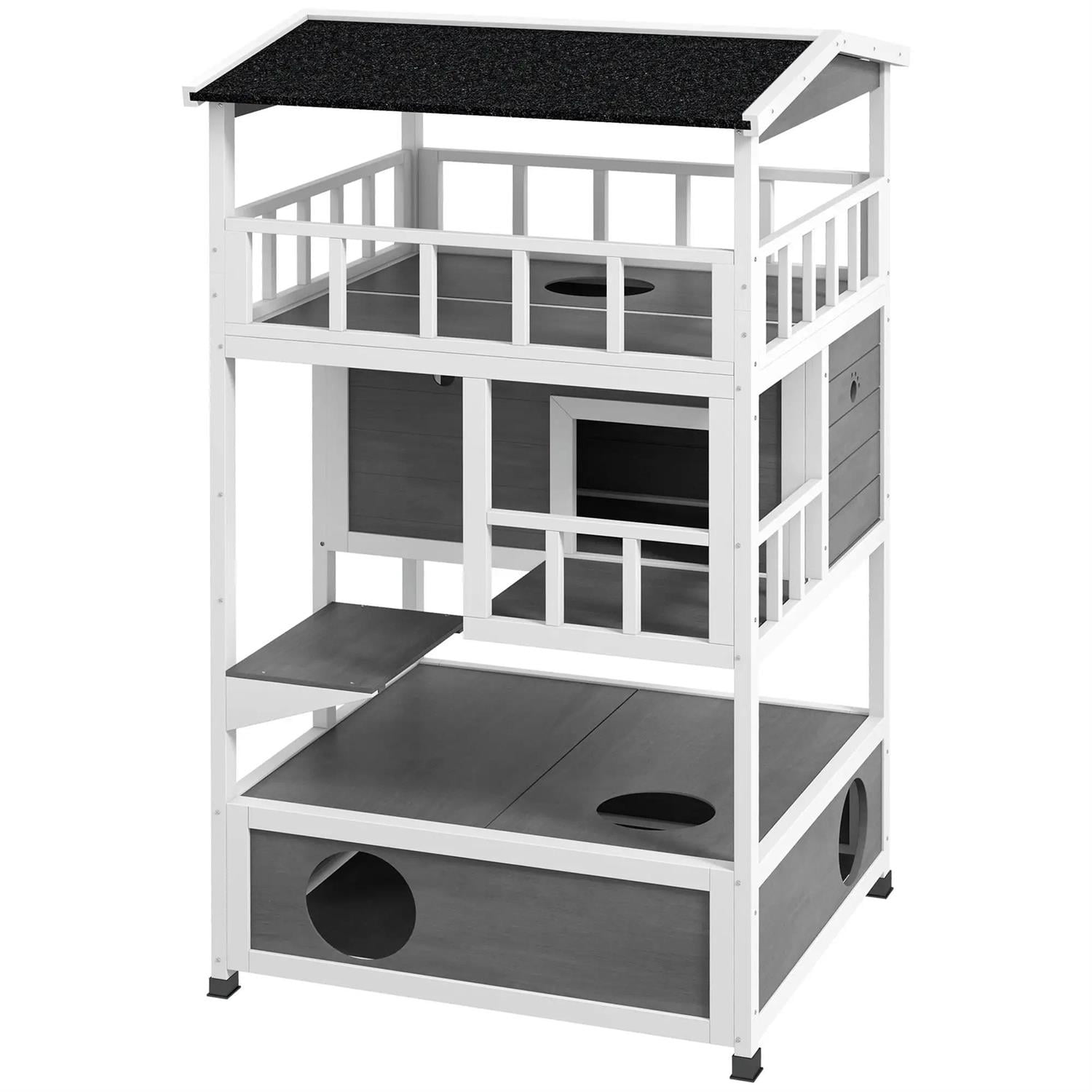 Pefilos Outdoor Weatherproof Cat House with Asphalt Roof, Escape Door, Jumping Platform, Wooden Feral Shelter for Cats and Small Animals, Gray