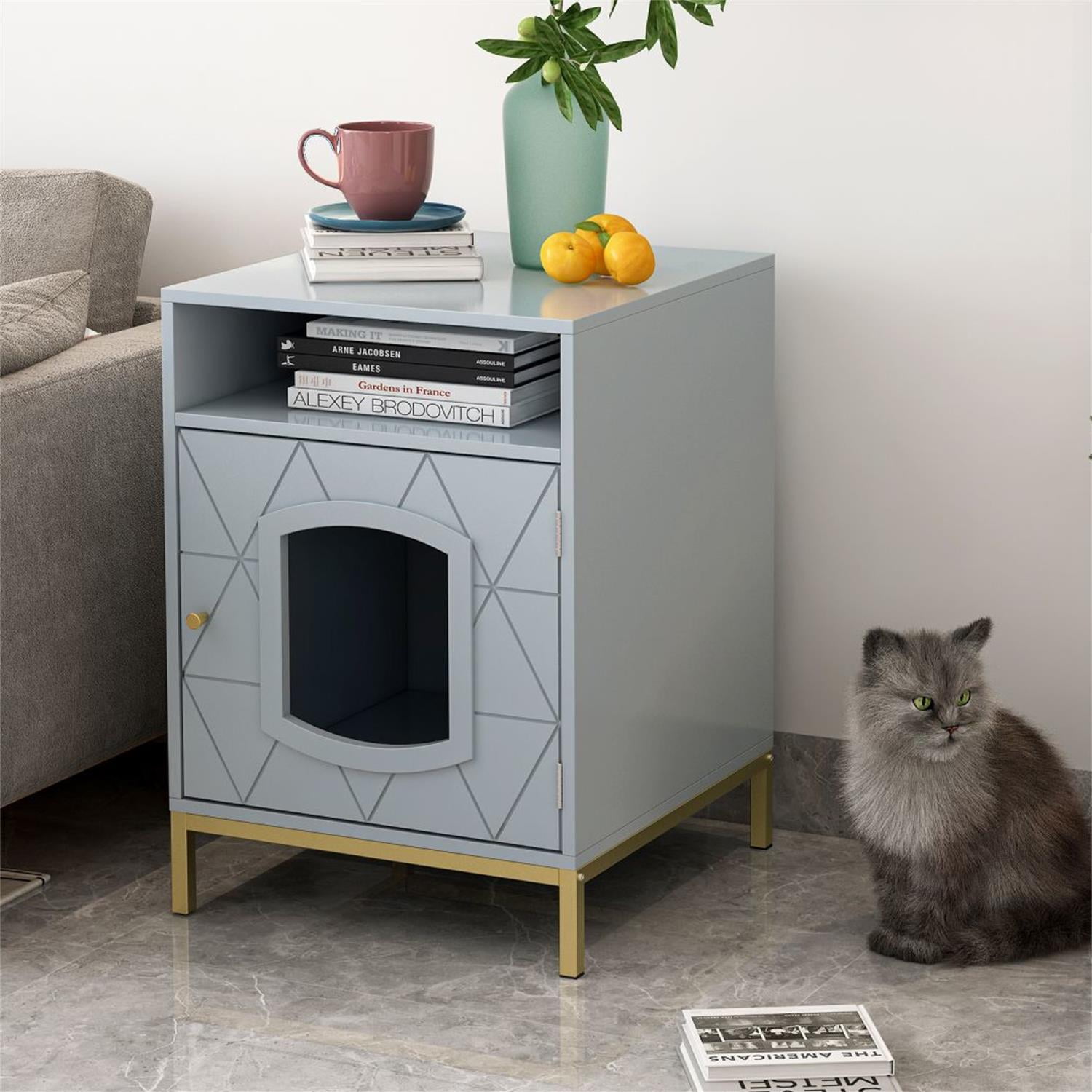 Pefilos Pet House in Enclosed Cat House for Litter Box Nightstands, Cat Washroom Hidden, Gray Pefilos Pet House in Enclosed Cat House for Litter Box Nightstands, Cat Washroom Hidden, Gray