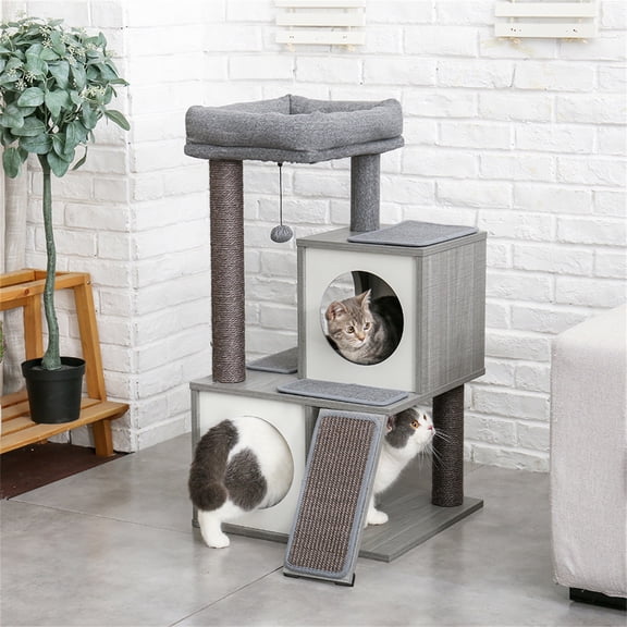 Pefilos Road Cat Tree Tower for Adult Cats Wooden Cat Tower with Double Condos Cat Nest for Indoor Cats, Cat Houses for Indoor Cats Spacious Perch, Gray
