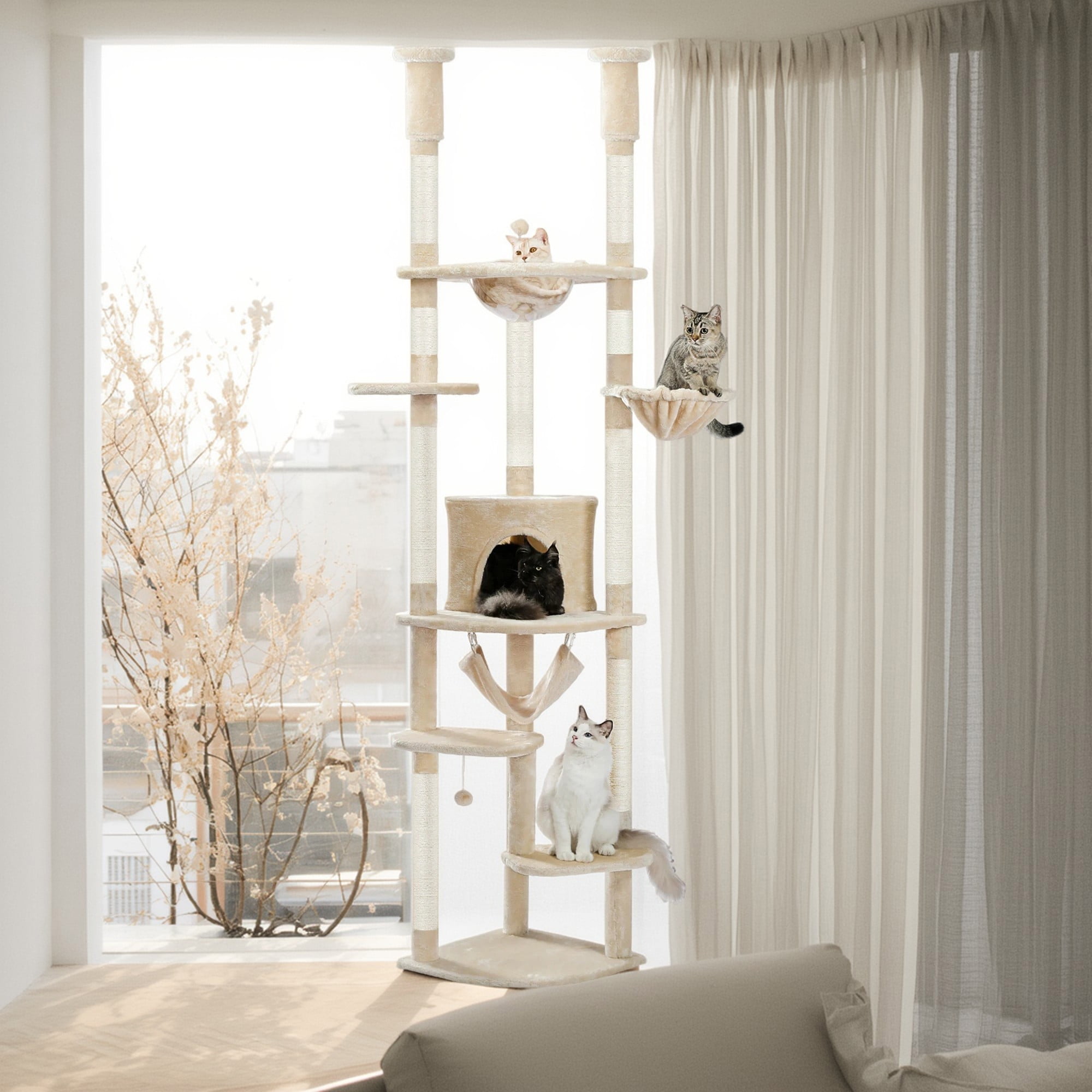 Pefilos Stable Adjustable (92-101)" Cat Tree for Indoor Cats Tall Cat Climbing Tree Cat Tower for LargeCats with Perches Multi-Level Cat Furniture Condo for Multiple Cats, Beige