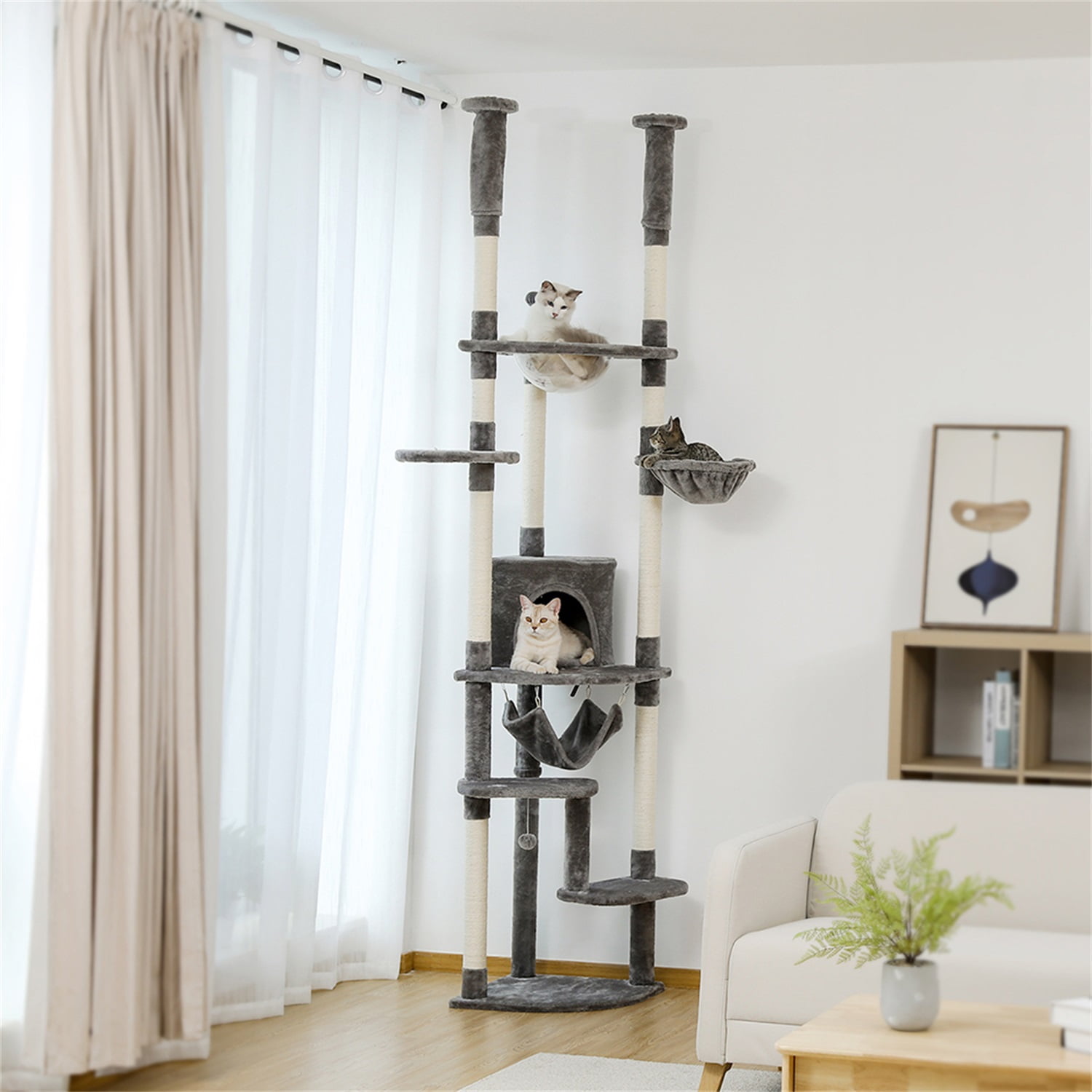 Pefilos Stable Adjustable (92-101)" Cat Tree for Indoor Cats Tall Cat Climbing Tree Cat Tower for LargeCats with Perches Multi-Level Cat Furniture Condo for Multiple Cats, Gray