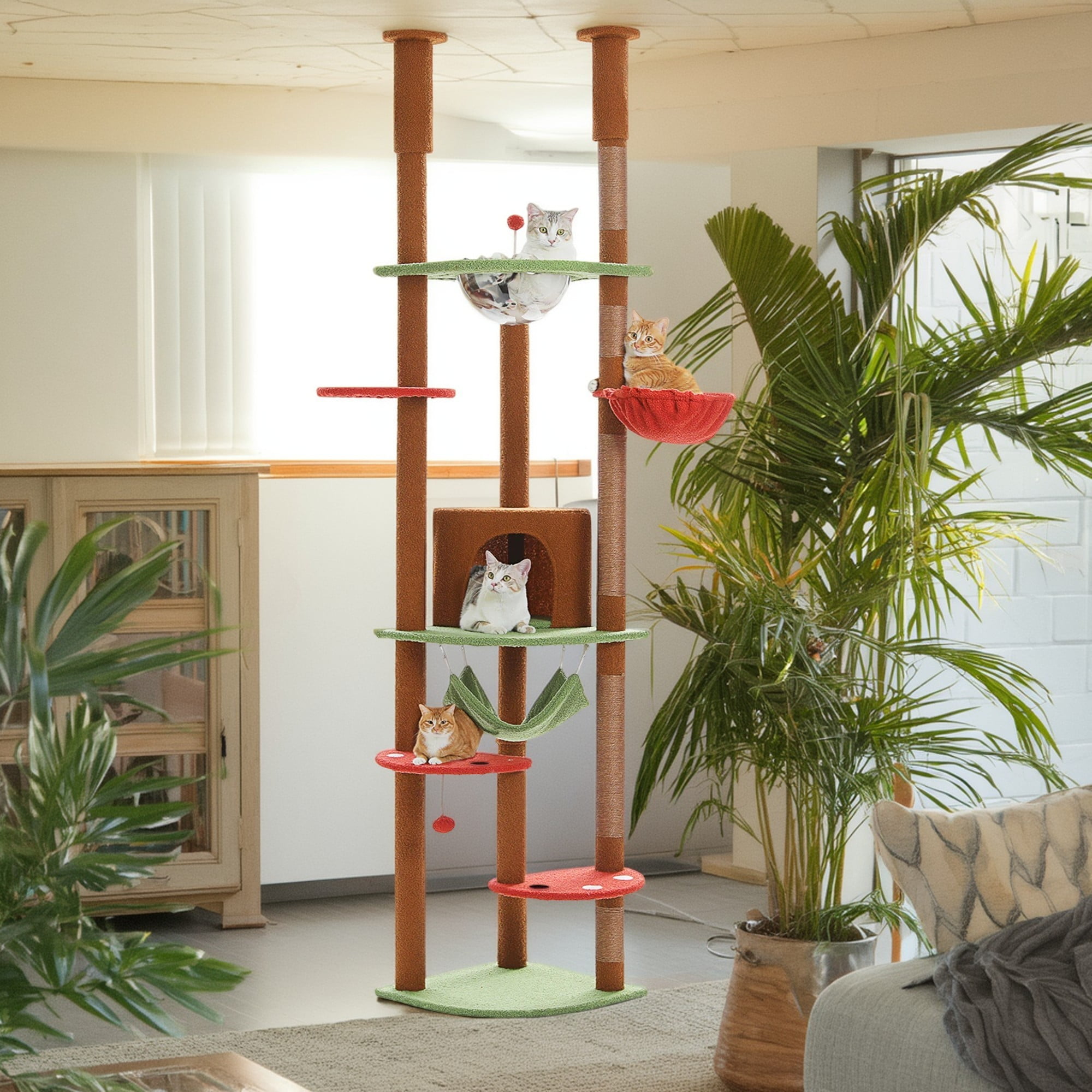 Pefilos Stable Adjustable (92-101)" Cat Tree for Indoor Cats Tall Cat Climbing Tree Cat Tower for LargeCats with Perches Multi-Level Cat Furniture Condo for Multiple Cats, Brown