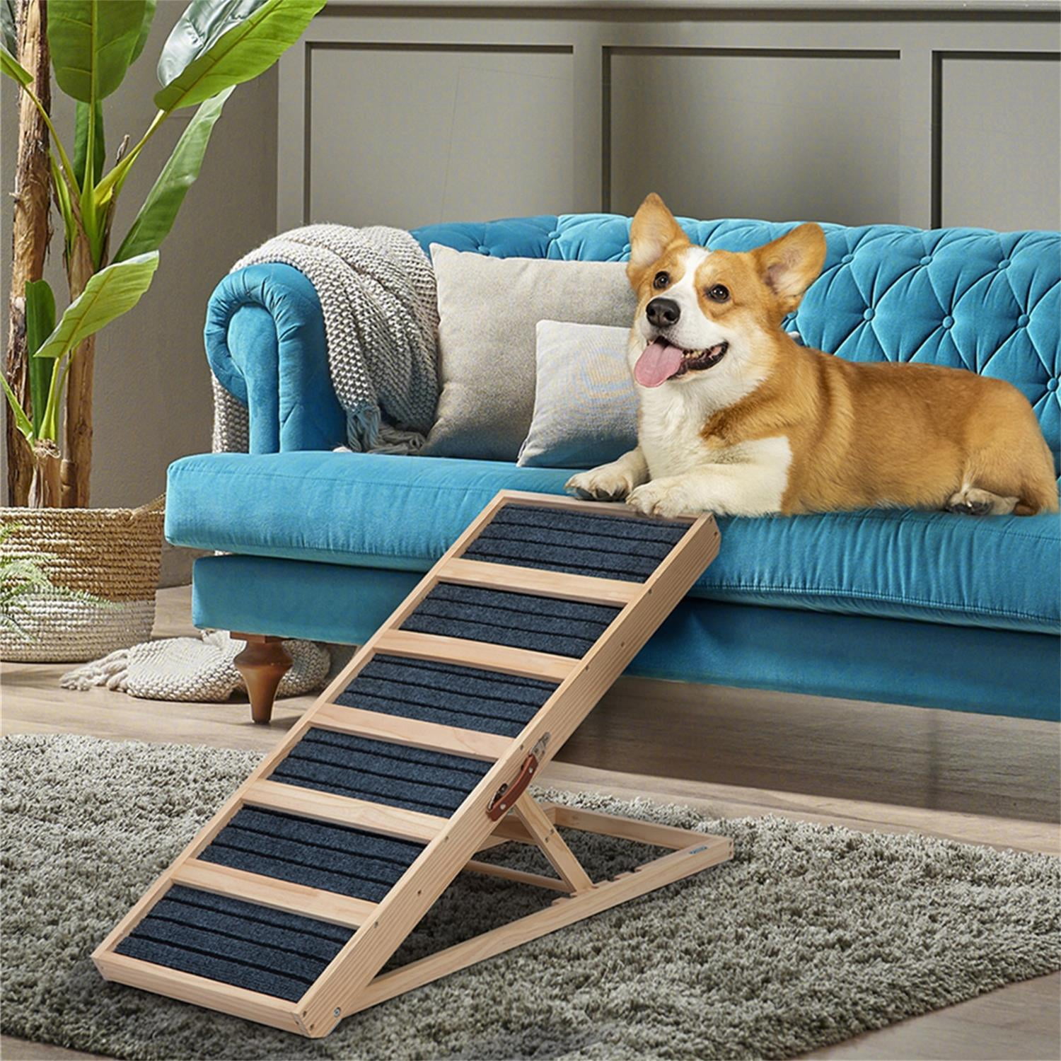 Pefilos Wood Folding Dog Ramp with Non Slip Rubber Surface and 5 Plank for Small, Medium Dogs Up, 16" to 24" Height Adjustable Pet Ramp for Bed Couch Car, Beige