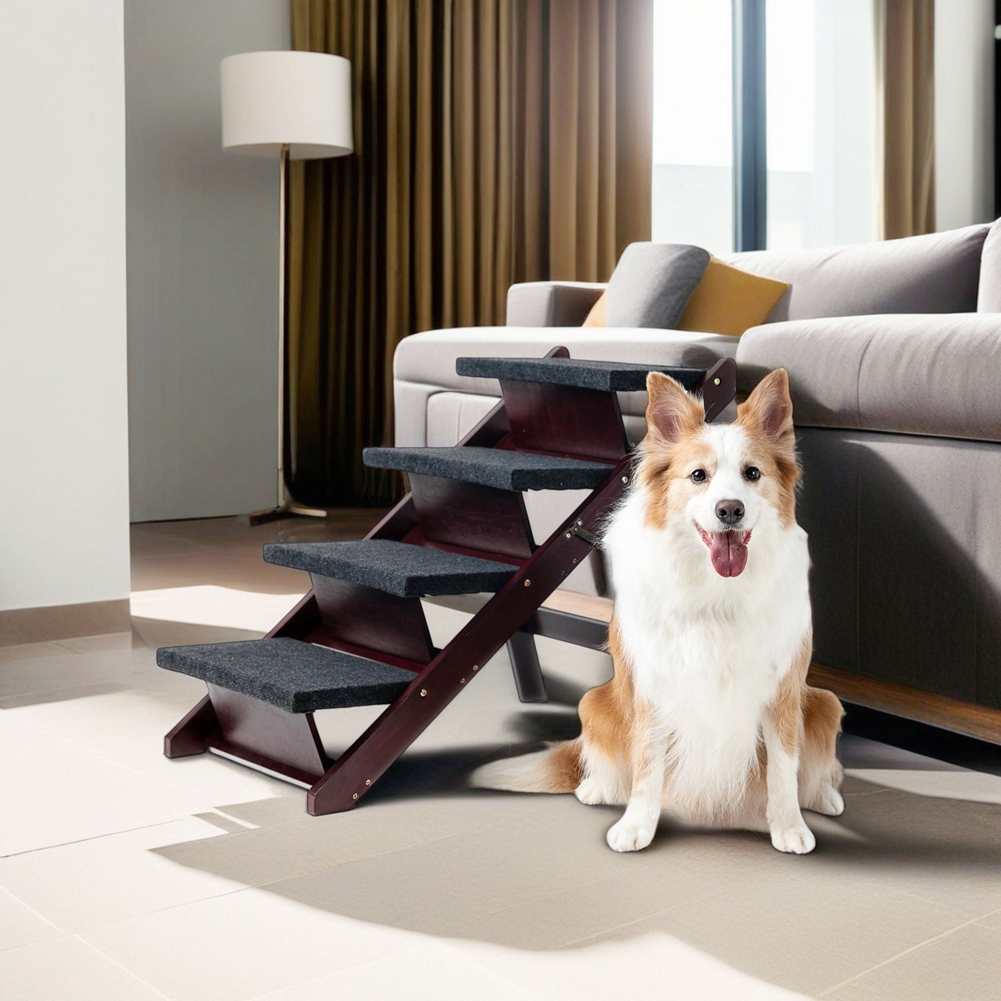 Pefilos Wood Pet Steps, Foldable 4 Steps Dog Stairs and Ramp Perfect for Beds and Cars, Portable Dog/Cat Ladder Up to 110 Pounds, Brown