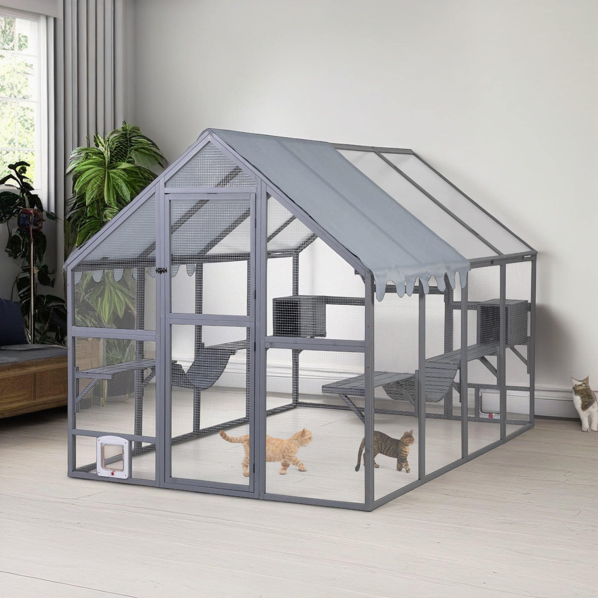 Pefilos108" Outdoor Large Cat House with Cat Run, Cat Enclosure Wooden Cat Catio Kitty House with Bridges, Walks, Small Houses, Roof Cover, Gray Pefilos108" Outdoor Large Cat House with Cat Run, Cat Enclosure Wooden Cat Catio Kitty House with Bridges, Walks, Small Houses, Roof Cover, Gray