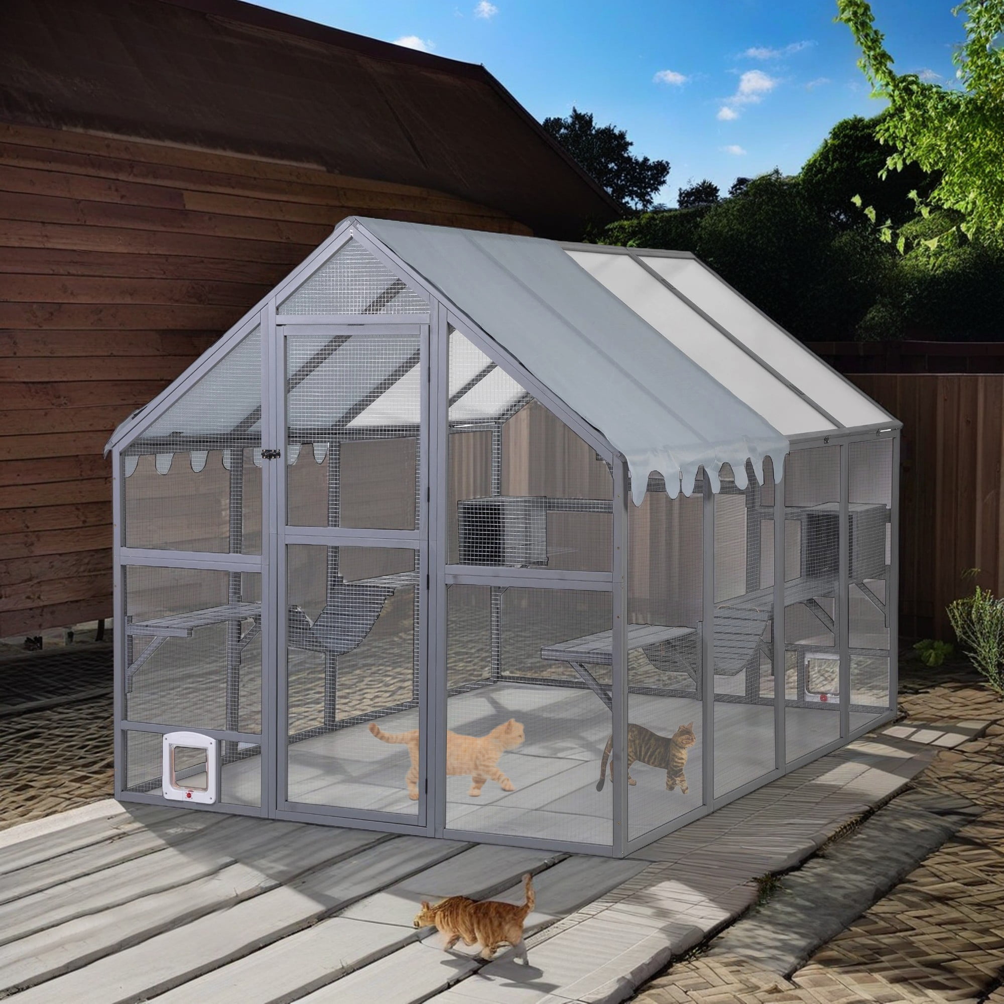 Pefilos108" Outdoor Wooden Cat House, Large Catio Cat Enclosure, Cat Playpen with Platforms, Sunshine Boards, Bridges, Condos, Gray Pefilos108" Outdoor Wooden Cat House, Large Catio Cat Enclosure, Cat Playpen with Platforms, Sunshine Boards, Bridges, Condos, Gray