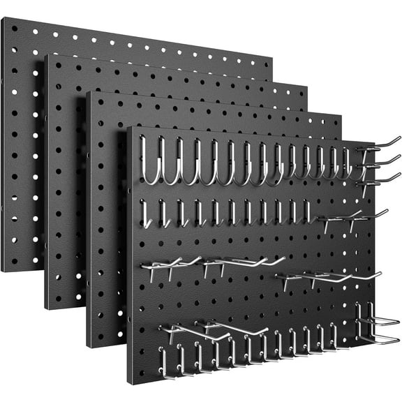 Peg Board, 4 Pack Metal Pegboard Panels White & Black Pegboards Wall Organizer with 50 Pcs Hooks, Peg Board for Walls Home, Garage Tool Storage, Office Organization, Kitchen, Craft Room