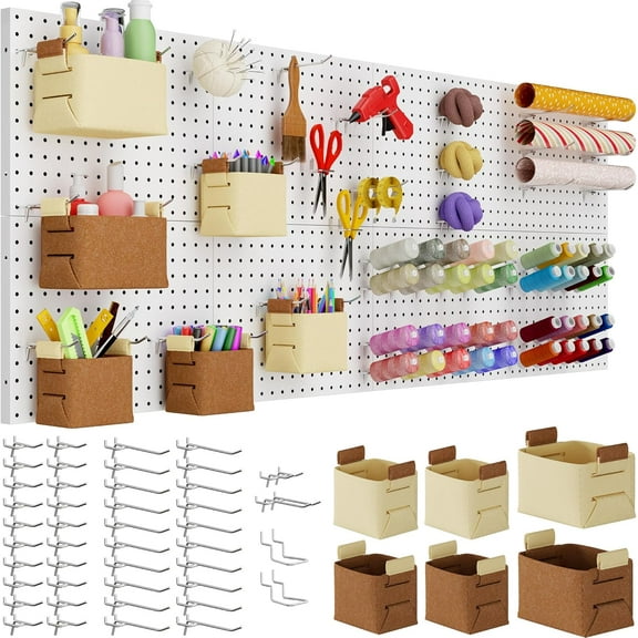 Peg Board, 8 Pack Metal PegBoard Organizer with Accessories, White Pegboard Panels with 50 Pcs Hooks and Baskets, Wall Organizer for Office, Craft Room Organization, Garage, Sewing Room