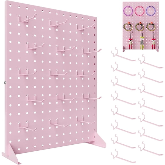Peg Board Display Stand with 15 Hook,Tabletop Metal Pegboard Shelf for Craft Shows & Fairs,Jewelry and Key Ring Retail Display Racks for Selling Accessories, Vendors & Events (17 X 13 Inch,Pink)