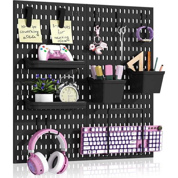 Peg Board Wall Organizer 4-Pack 12"x12" Black Pegboard Combination Kit with 13 Accessories for Wall, Plastic Peg Board Panels for Home, Office, Garage Tool Storage & Craft Room