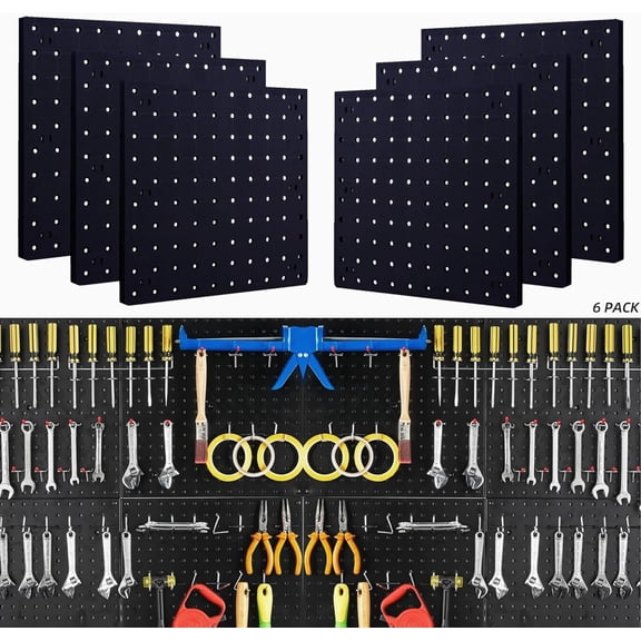 6Pcs Black ABS Pegboard Wall Organizer Panels, Mountable Tool Storage for Garage Workshop Kitchen Craft Room, 10x10 inch