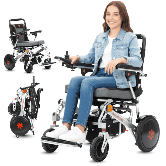 45 lb Lightweight Folding Electric Wheelchair for Teenagers & Kids - Motorized Wheelchair w/ LED Headlight, USB Port Charging Device & Storage Bag