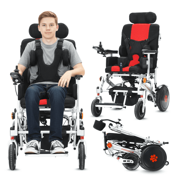 Cerebral Palsy Ergonomic Foldable Electric Wheelchair for Children, Adults & Seniors - 5" Thick Cushion Seat, Safety Vest & Aluminum Alloy Material