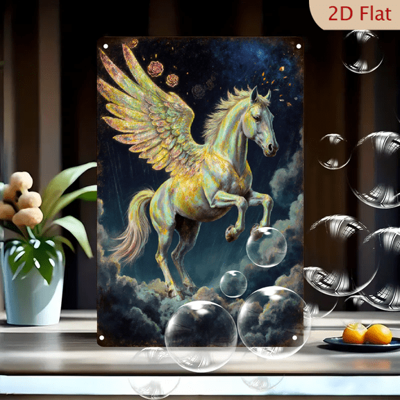 Pegasus Flying Horse Wall Art 8x12inches Metal Tin Sign, Iridescent Mythical Steed Soaring Through Cosmic Night Sky with Floating Roses, Fantasy Oil Painting Style Decor for Home Office