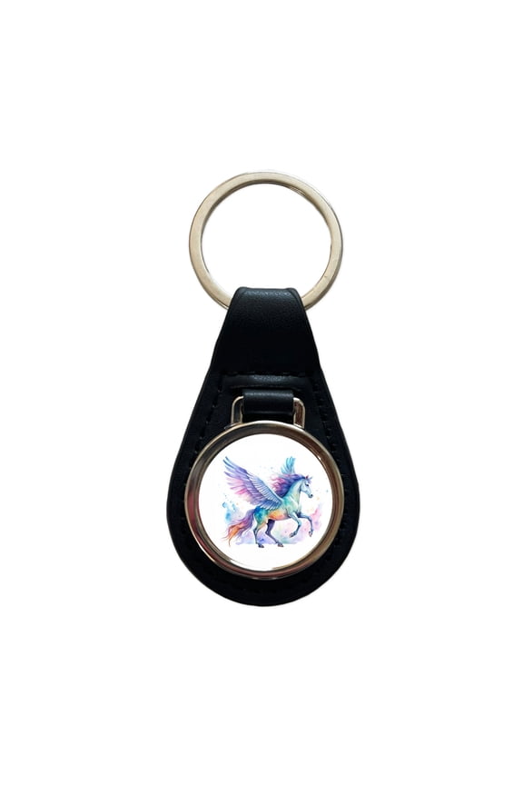 Pegasus Greek Mythology Watercolor Design Metal Black Leather Keychain