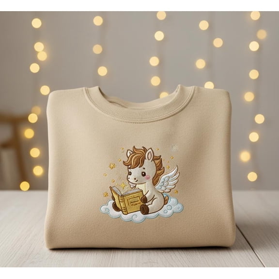Pegasus Reading Embroidered Sweatshirt, Whimsical Fantasy Book Lover Shirt, Cozy Magical Cloud Sweater